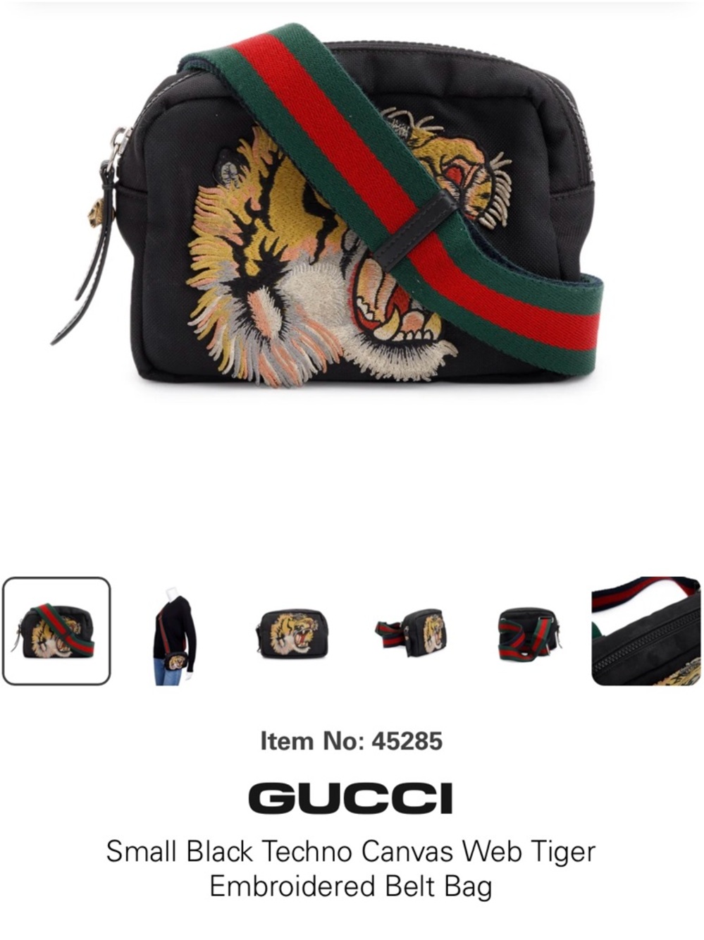 Gucci Black Tiger Embroidered Belt Bag with Green-Red Web Strap